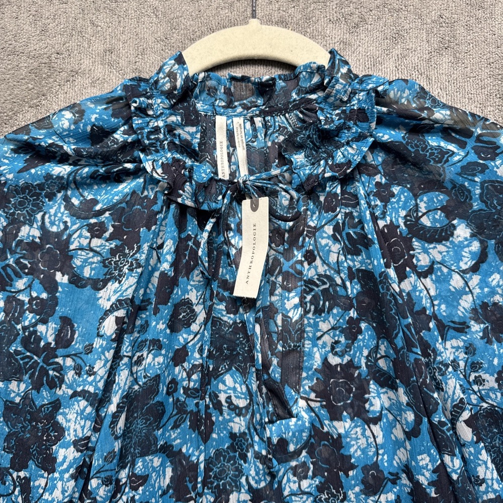 Anthropologie‎ Blue White Floral Print Top Small Blouse Ruffle Mock Neck